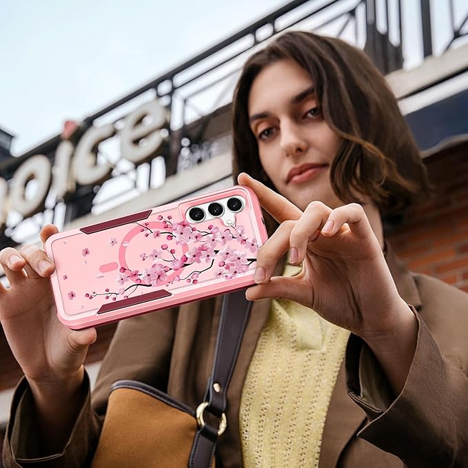 for Samsung Galaxy A14 5G Phone Case - Compatible with MagSafe Women Girls Cute Magnetic Protective Cover Girly Flower Blossom Heavy Duty Shockproof Design for Samsung Galaxy A14 5G Cases