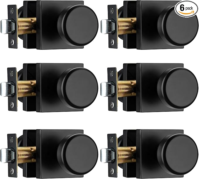6 Pack Black Door Knobs with Square Rosette, Interior Door Handles for Bath & Bed, Heavy Duty Door Knob with Lock