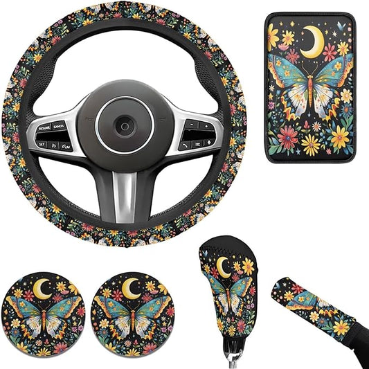 Butterfly Print Car Steering Wheel Cover 6 Pcs Flower Funny Car Interior Decor Cup Coaster Armrest Cover Fits Most Cars Trucks Vans and SUV
