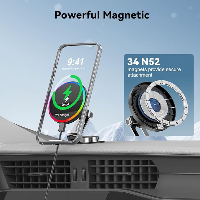 Lecork for Magsafe Car Mount, 15W Magnetic Wireless Charger for iPhone, Magsafe Air Vent Car Holder Charger for iPhone 17 Pro Max/16/15/14 13 12, Samsung S25/S25+/Ultra, RGB LED Design