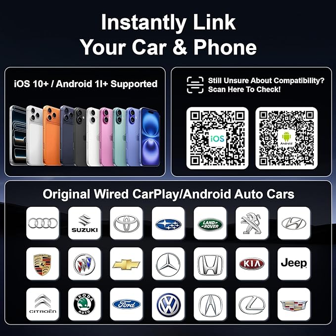 2026 upgraded wireless CarPlay adapter fast automatic connection stable connection mini plug-and-play adapter is suitable for iPhone and Android Auto compatible car with USB/USB-C (Silvery)