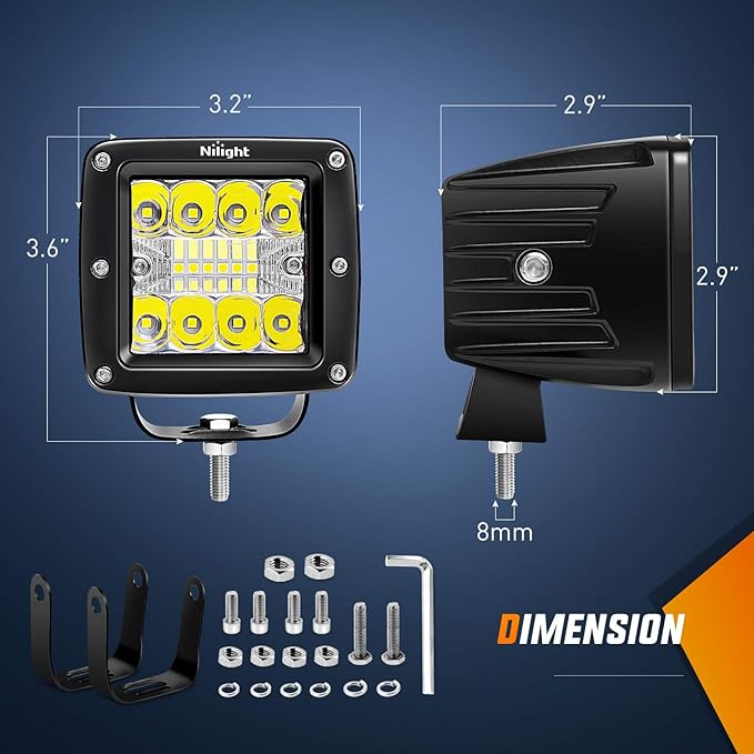 Nilight 2PCS 3 Inch LED Pods Cubes UTV Rear Roof Mounting Brackets LED Backup Reverse Lighting 15FT Wiring Harness Kit 2 Leads for 2013-2024 Polaris Ranger Full Size 570 800 900 1000 XP Crew