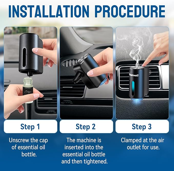 Featwell Car Air Freshener, Three Adjustable Modes Intelligent Car Aroma Diffuser, Rechargeable Car Aroma Diffuser, Black