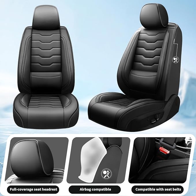 Fit Versa Car Seat Covers Compatible with Nissan Versa 2008-2025 2026 - Premium Leather， Waterproof Breathable， All-Weather Seat Cushion Protecto&Airbag Compatible (2 Front Seat Black)