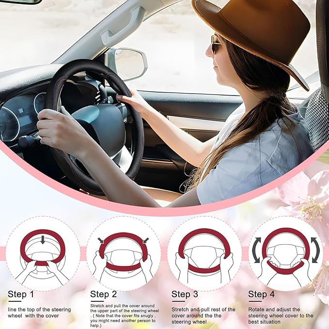 SuperKaKa Car Steering Wheel Cover 2025, Universal Auto PU Cute Breathable Slip-Proof Comfort Imitation Leather Protector Cars Interior Accessories for Women Men Fit Most Vehicle (Black)