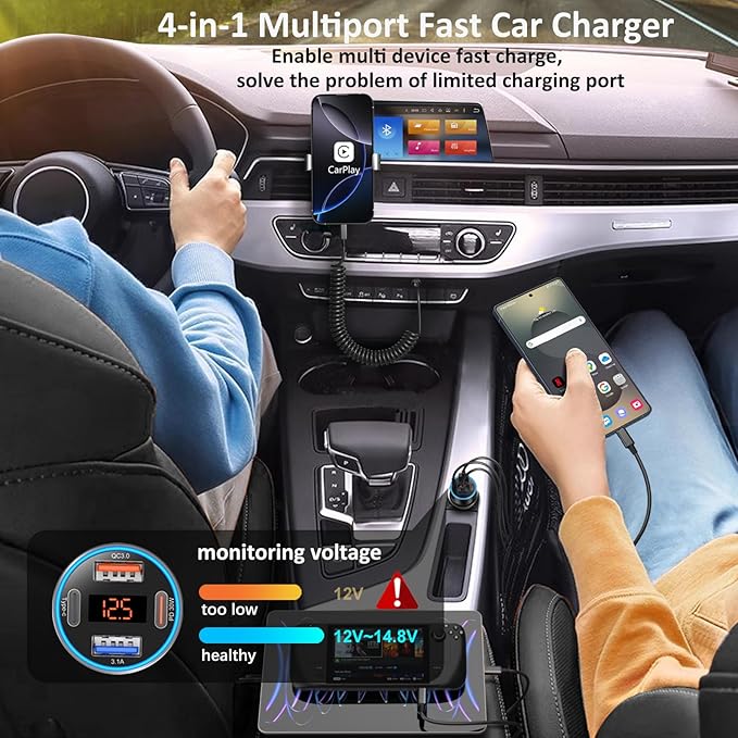 65W 4-Port Super Fast Type C Car Charger USB C for Samsung S26/S25/S24/S23/S22 Ultra/A17/A16/Z Fold/Flip Android Car Phone Adapter 12v Cigarette Lighter Plug with Voltage Display+6FT USB C Cable