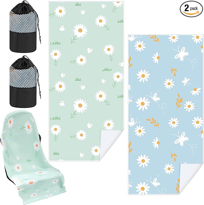 2 Pack Car Seat Towel Covers with Storage Bag 63 x 32 Inch Athletic Running Towel Seat Sweat Washable Non Slip Cover Gift for Car Outdoor Sport Activities (Daisy)