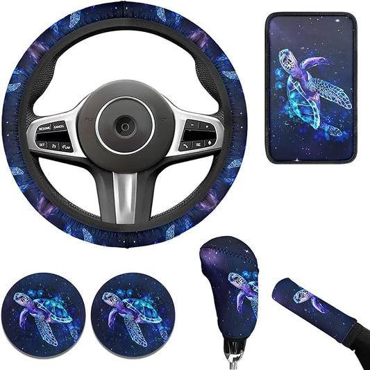 Blue Sea Turtle Car Steering Wheel Cover Sets 6 Pcs Car Accessories Cup Coaster Handbrake Cover Suit Universal Fit Auto,Suvs,Truck