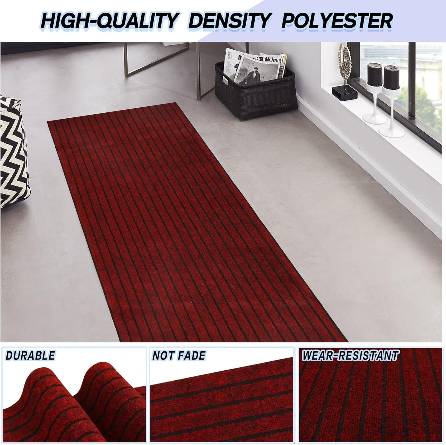Custom Size Backed Non-Slip Area Rugs Runner, Easy Clean, Waterproof Runner Rugs for Hallway Entryway, Kitchen, Laundry, 4FT x 13FT, Red Stripe