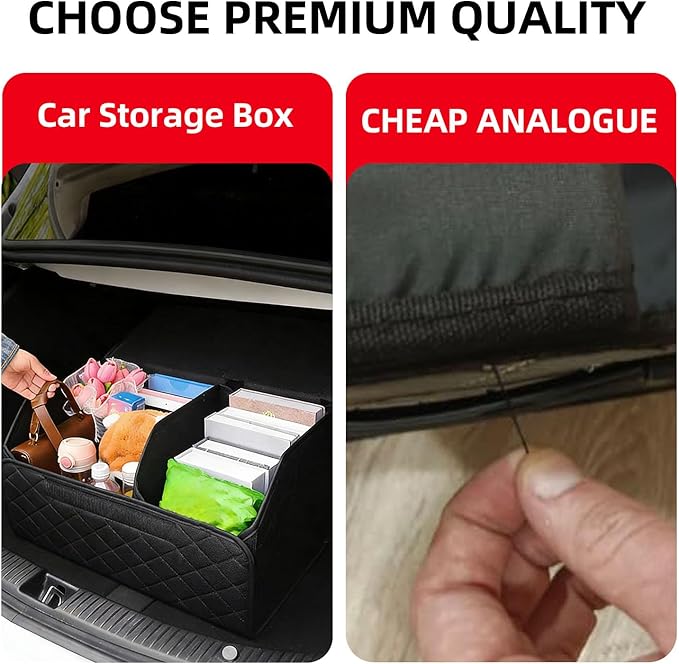 2Pack Leather Trunk Organizer for SUV & Sedans - Extra Large Foldable Car Storage Box with Lid, Adjustable Removable Dividers and Carry Handle, Collapsible Auto Cargo Organizer Black