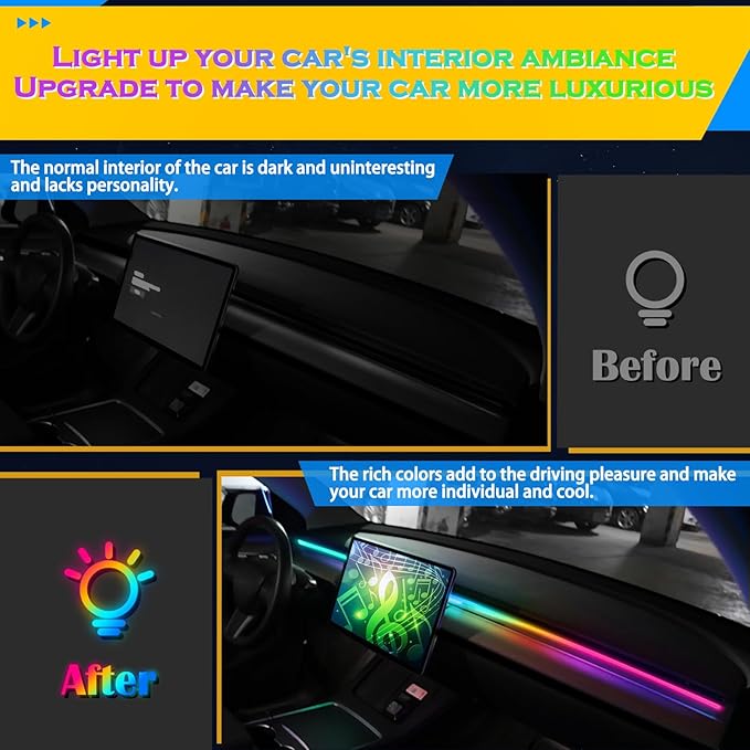 Dreamcolor Interior Acrylic Car Light Strip, Car LED Strip Light with APP Control 47 Inches Fiber Optic Ambient Lighting Kits, Multi-Modes Sound Sync Neon Lights