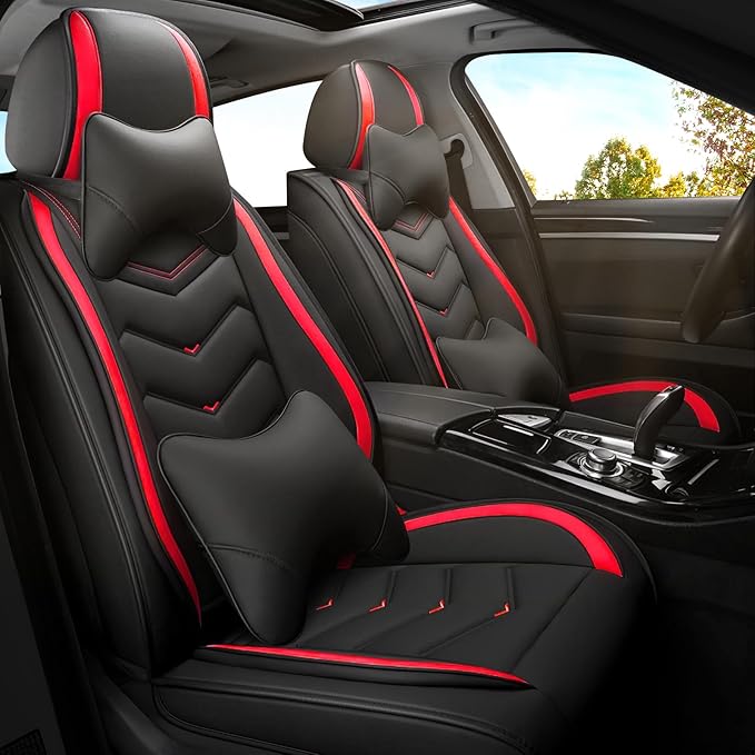 Car Seat Covers for KIA Sedona 2003-2021, Premium Nappa Leather Car Seat Cover, Stylish Sport Seat Covers， Automobile Seat Cover Sets.(Luxury 2 Seats/Black Red)