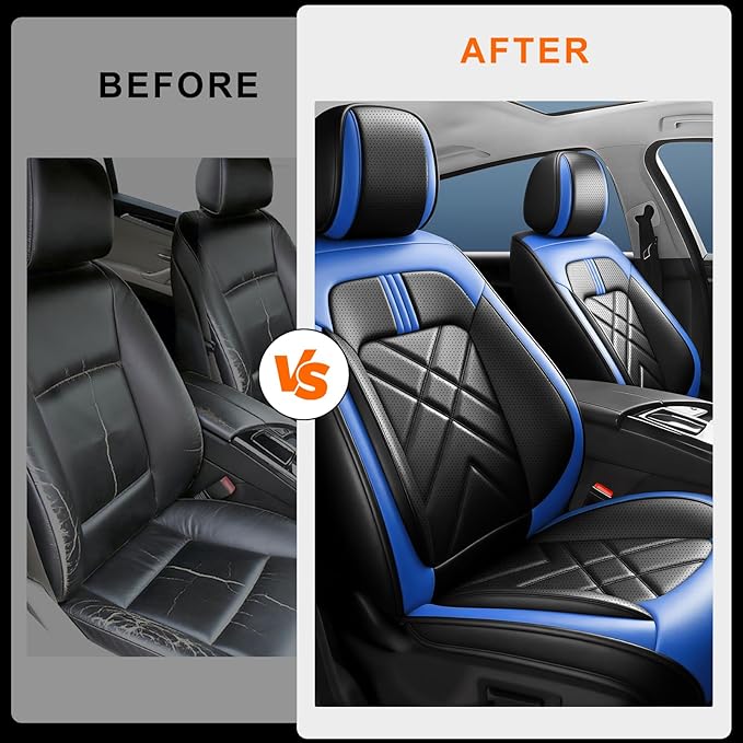 Car Seat Covers Fit for Mazda 3 2007-2026, Premium Leather, Full Coverage Leather Waterproof Breathable Seat Covers, Automotive Seat Protectors, Airbag Compatible(2 Front Seats, Black-Blue)