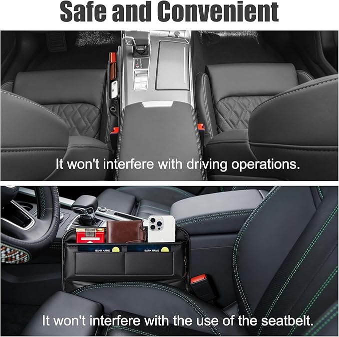 Car Seat Gap Filler Organizer, Universal Premium Leather Car Gap Filler with Card Slots for Front Seat Between Car Seat and Console Hold Phone, Sunglasses, Keys, fit for Car Suv Truck - 1 Pack, Black