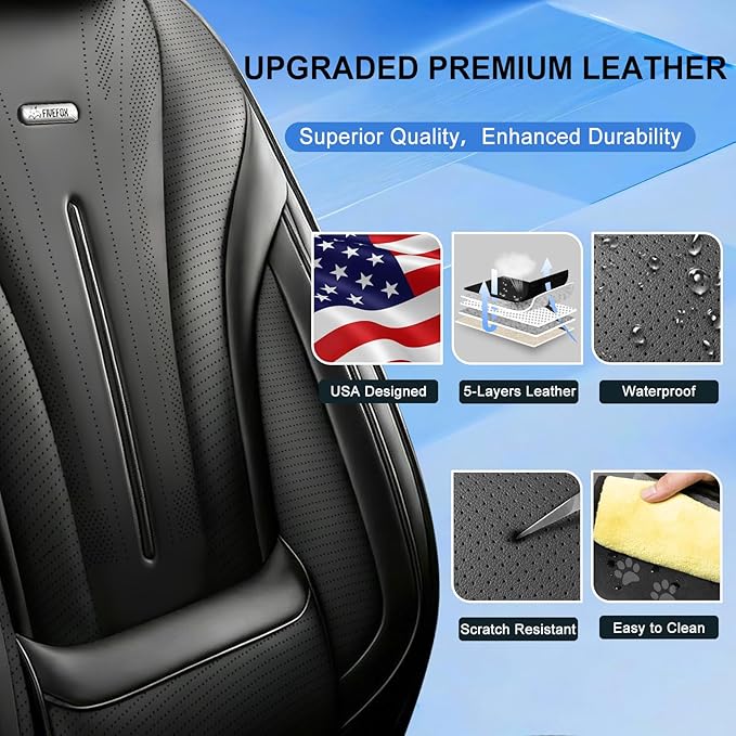 Fit Malibu Car Seat Covers for Select Chevrolet/Chevy Malibu 2009-2025 - Full Coverage Leather, Airbag Compatible, Waterproof & All Weather Seat Cushion Protector, Full Set, Black
