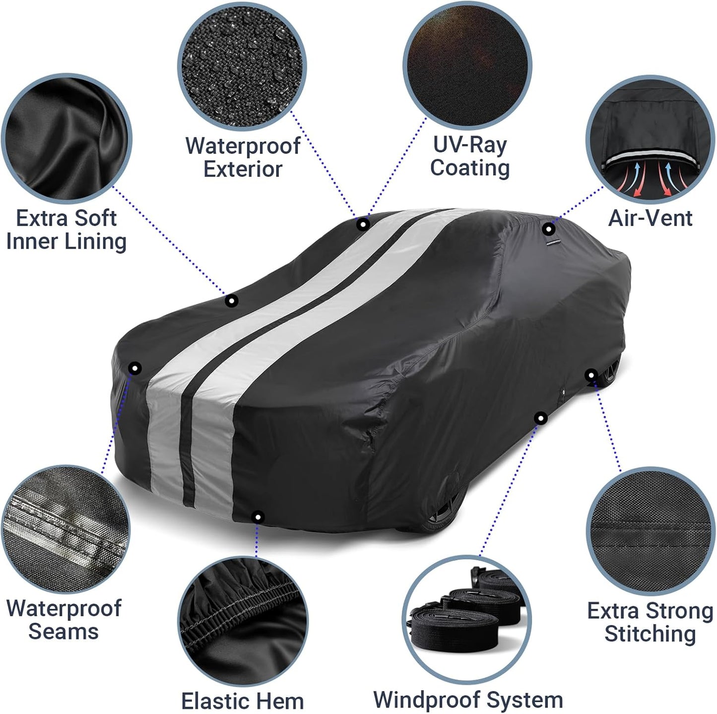 iCarCover Custom Car Cover for Buick Lesabre (1977-1985) Waterproof All-Weather Rain Snow UV Sun Protector Full Exterior Indoor Outdoor Car Cover (Stripe - Black/Gray)