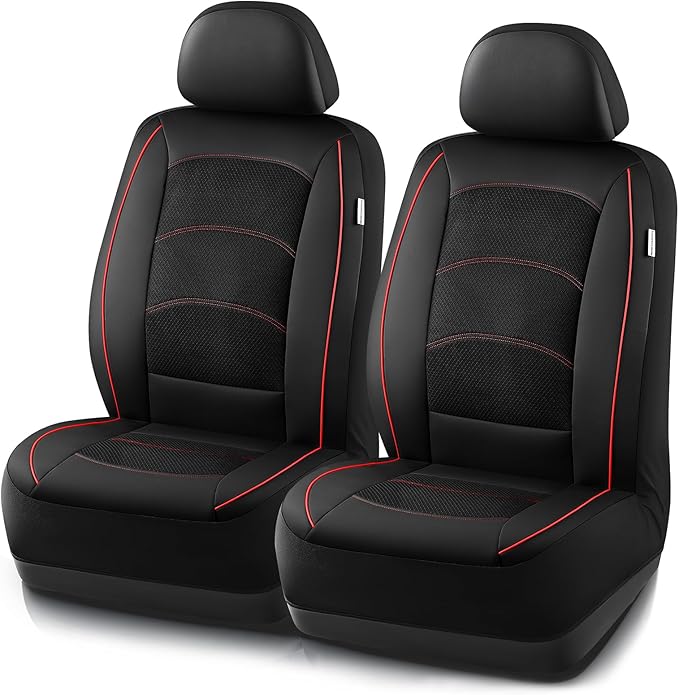 Road Comforts Car Seat Covers, Leather Front Seat Covers with Piping, Air-Cool Mesh Designed, Airbag Compatible Automotive Seat Covers for Most Car, Truck, Van, SUV - Black with Red Piping