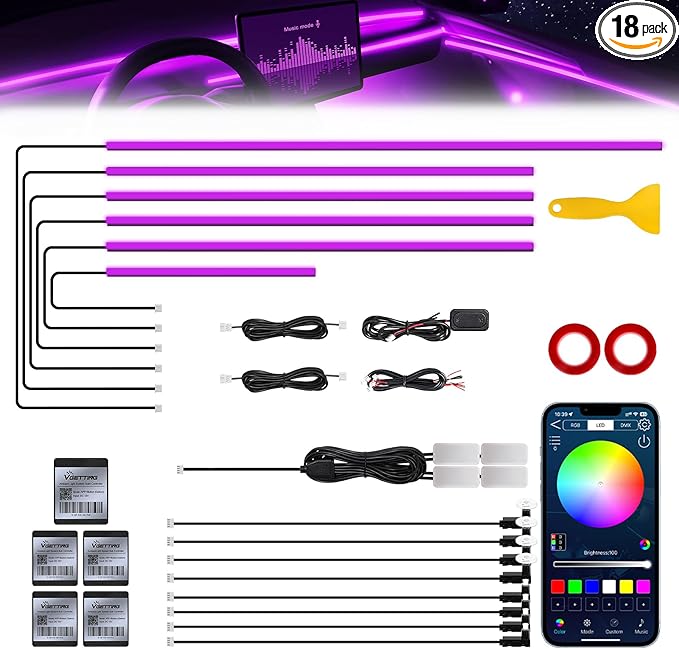 RGB Acrylic Interior Car LED Strip Light with Wireless APP, 18 in 1 with 175 inches 593 LEDs Neon LED Strip Light, 16 Million Colors Dynamic Music Sync Car Ambient Lighting Kits