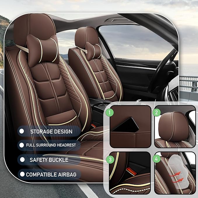 Leather Car Seat Covers Fit for Toyota Prius 2004-2024, 5 Seater Car Seat Cover, Premium Waterproof, Scratch Resistant Car Interior Accessories (Full Set with Pillow Coffee)