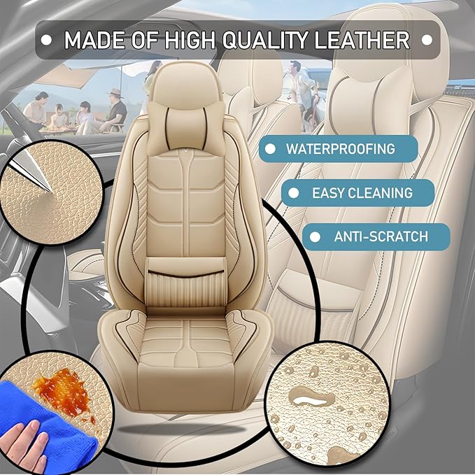 Leather Car Seat Covers Fit for Toyota Camry 2002-2024, 5 Seater Car Seat Cover, Premium Waterproof, Scratch Resistant Car Interior Accessories (Full Set with Pillow Beige)