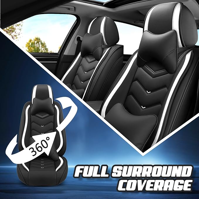 Car Seat Covers for Fiat 500 2012-2019, Premium Nappa Leather Car Seat Cover, Stylish Sport Seat Covers， Automobile Seat Cover Sets.(Luxury 2 Seats/Black White)