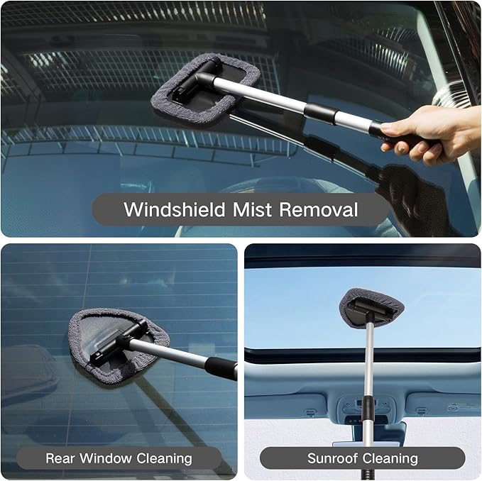 Qydipclin 11pcs Windshield Cleaner Tool, Car Window Cleaning Wash Kit with 6 Reusable Microfiber Pads 2 Spray Bottles and Extendable Handles Auto Glass Wiper Kit, Gray