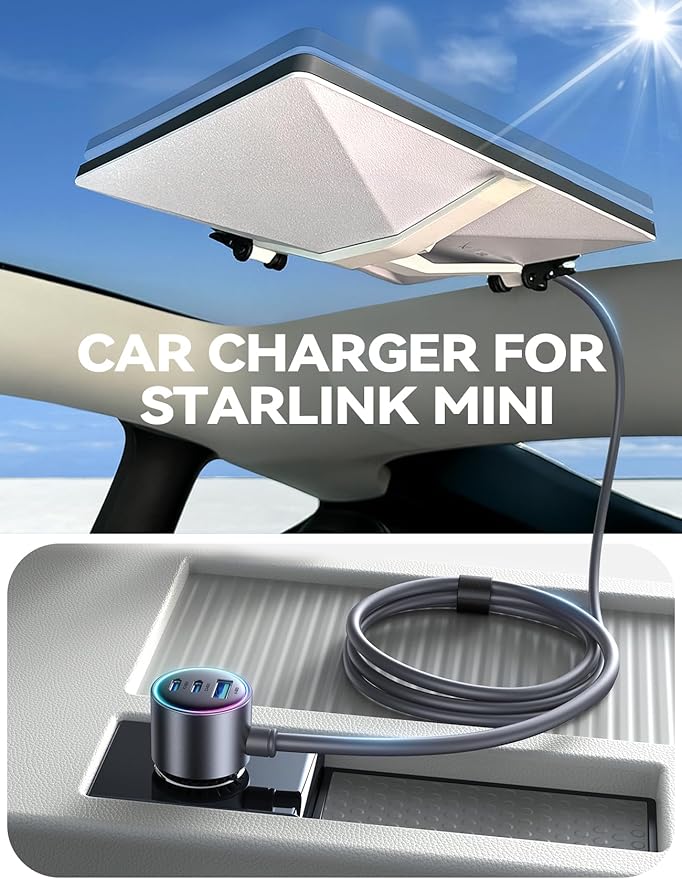 Starlink Mini Car Adapter with Waterproof Cord, Starlink Mini Accessories Car Charger [Dual PD 45W & USB-A 30W] Fast Charging Cigarette Lighter Adapter for RV, Boat, Trailer (16.4FT)