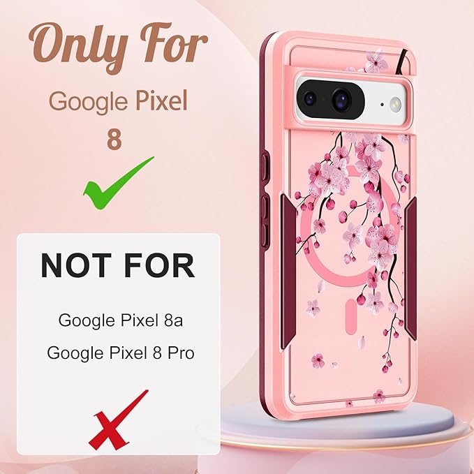 for Google Pixel 8 Case 6.2 Inch - Compatible with MagSafe Women Girls Cute Magnetic Protective Cover Girly Kawaii Flower Blossom Heavy Duty Shockproof Design for Google Pixel 8 Phone Cases