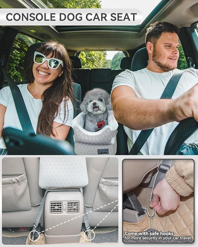 PETSFIT Dog Car Seats for Small Dogs with Safe Protection Hooks, Small Dog Car Seat with Upgraded Safety Tethers, Washable Cushion, Center Console Dog Car Seat for Pets Under 8 Lbs (Light Grey)