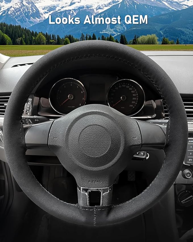 Belinous Suede Leather Steering Wheel Cover, DIY Stitch-On Steering Wheel Wrap with Needle & Thread, Non-Slip & Sweat-Absorbing, Universal Fit for 13.75-16 Inch (Size M4, Black)
