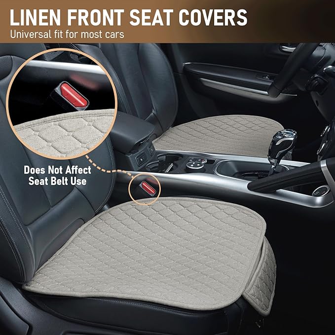 Linen Car Seat Covers for Cars - Non-Slip and Soft, 2 PCS Bottom Seat Cover Protectors with Storage Pocket, Linen Front Seat Covers Used for SUVs, Cars, Sedans (Beige)