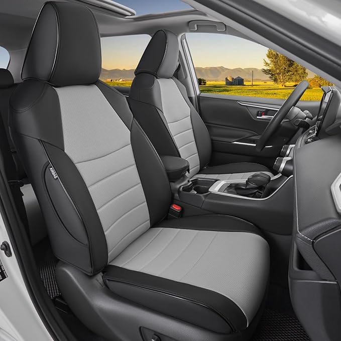 HKZ Fit RAV4 Car Seat Covers Set for 2019 2020 2021 2022 2023 2024 2025 Toyota RAV4 LE,XLE,XLE Premium,Limited - 5 Seats Full Set Leather(Black/Gray)
