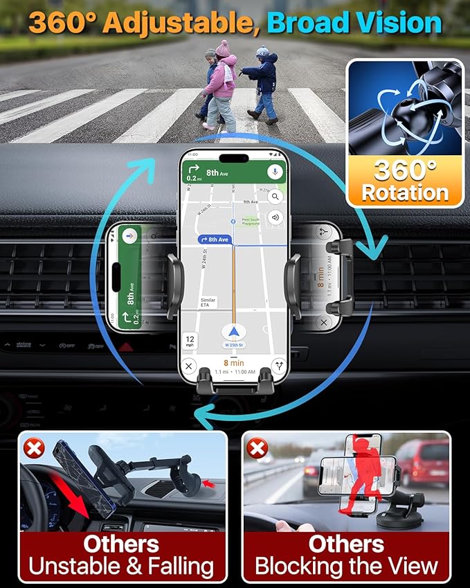 HTU 【Military-Grade Car Phone Holder,【Strongest & Longest Steel-Hook】 Car Vent Mount, Handsfree 360° Adjustable Automobile Cradle Air Clip Stand for iPhone 17 16 15 14 Pro Max Samsung (Light Blue)