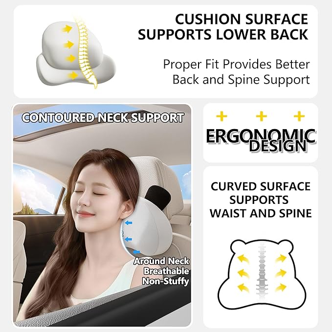 Cute Panda Car Neck Pillow & Lumbar Support Memory Foam Cushion for Driving Adjustable Headrest Waist Pillow for Most Seats (Brown, Headrest & Backrest)