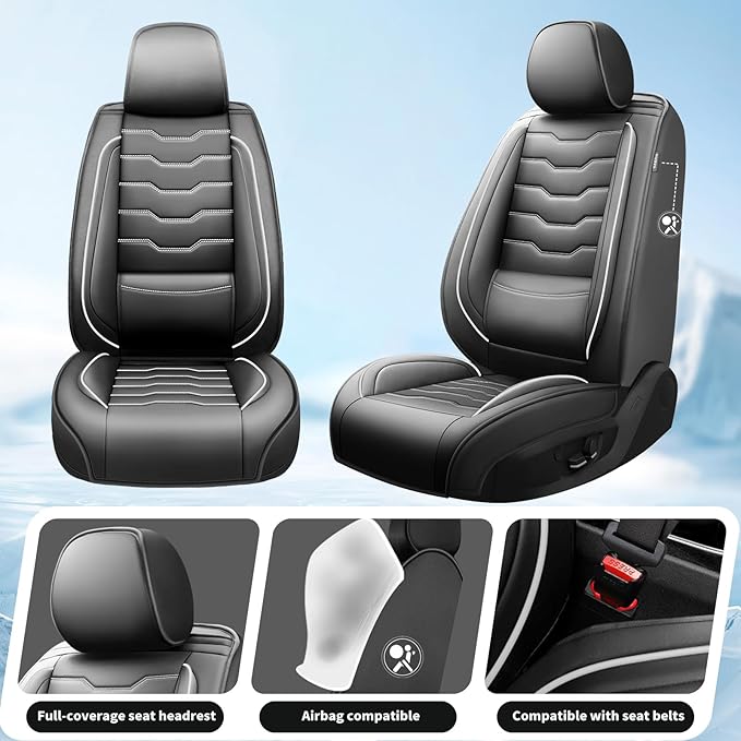 Fit Sonata Car Seat Covers Premium Leather for Hyundai Sonata 2007-2025 2026. Waterproof， Breathable, Scratch-Resistant & All-Weather Seat Cushion Protector（Full Set,White Line Black