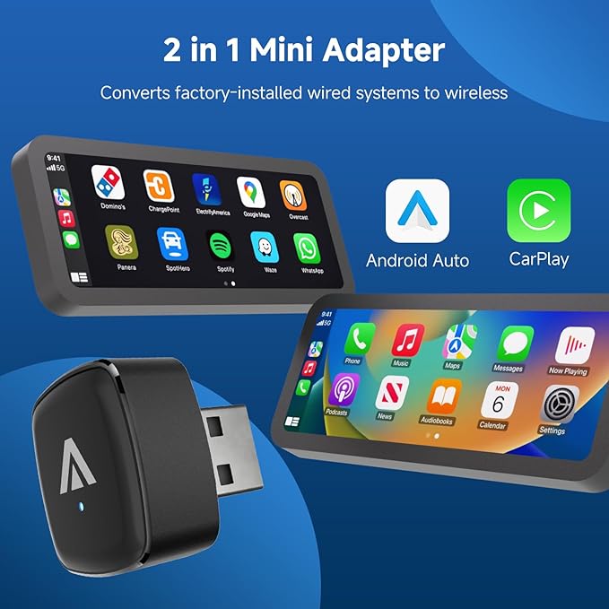 D7 2-in-1 Wireless CarPlay & Android Auto Mini Adapter, Alloy Shell, Compatible with 2016+ Factory-installed Wired CarPlay/Android Auto Vehicle, Plug & Play Car Play Dongle for iPhone & AndroidPhone