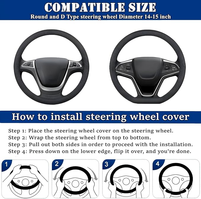 Soft Leather Car Steering Wheel Cover, Universal 15 Inch Colorful Rhinestones Anti-Slip Elastic Steering Wheel Covers for Most Cars, Sparkly Crystal Diamond for Women Girls (Blue)