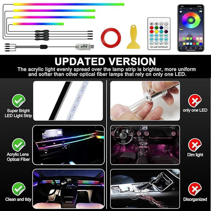 Interior Car LED Strip Lights,Acrylic LED Lights for Car with Dynamic Dreamcolor Chasing,116in 4 in 1 RGB Neon Strip Fiber Optic LED Ambient Lighting Kits with Remote APP,for Inside car Decorations