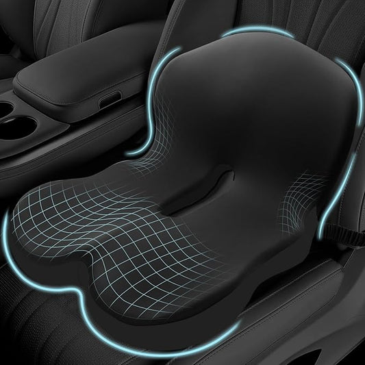 Memory Foam Seat Cushion for Sciatica & Back Pain Relief - Ergonomic Chair Pad with Adjustable Strap & Supportive Comfort Cover, Non-Slip for Car, Truck, Office Chair -Black
