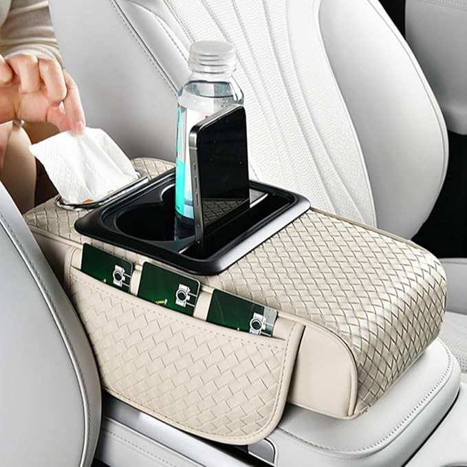 Car Armrest Cushion Cover Car Center Console Memory Foam Booster Pad with Storage Pocket and Tissue Hole for Sedan Vehicle (Cupholder - Blue, 13.39 * 7.68 * 2.95'' / 34 * 19.5 * 7.5cm)