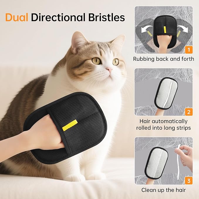 2 Pcs Pets Static Removal Gloves, Reusable Cat Dog Electrostatic Hair Remover Grooming Glove Tool (2 Pcs Black)
