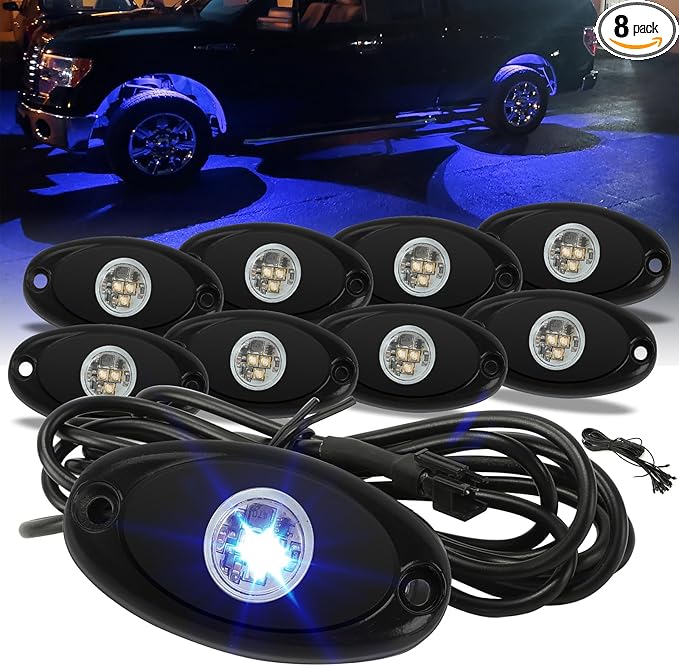 SUNPIE 8 Pods Quick Connect Blue Rock Lights, 4M Extension Wires Each Light, 3 High Power Chips, Rubber Mounting Pads, IP67 Waterproof Rock Lights Fits for Trucks Trailer Cars SUV ATV UTV Boats