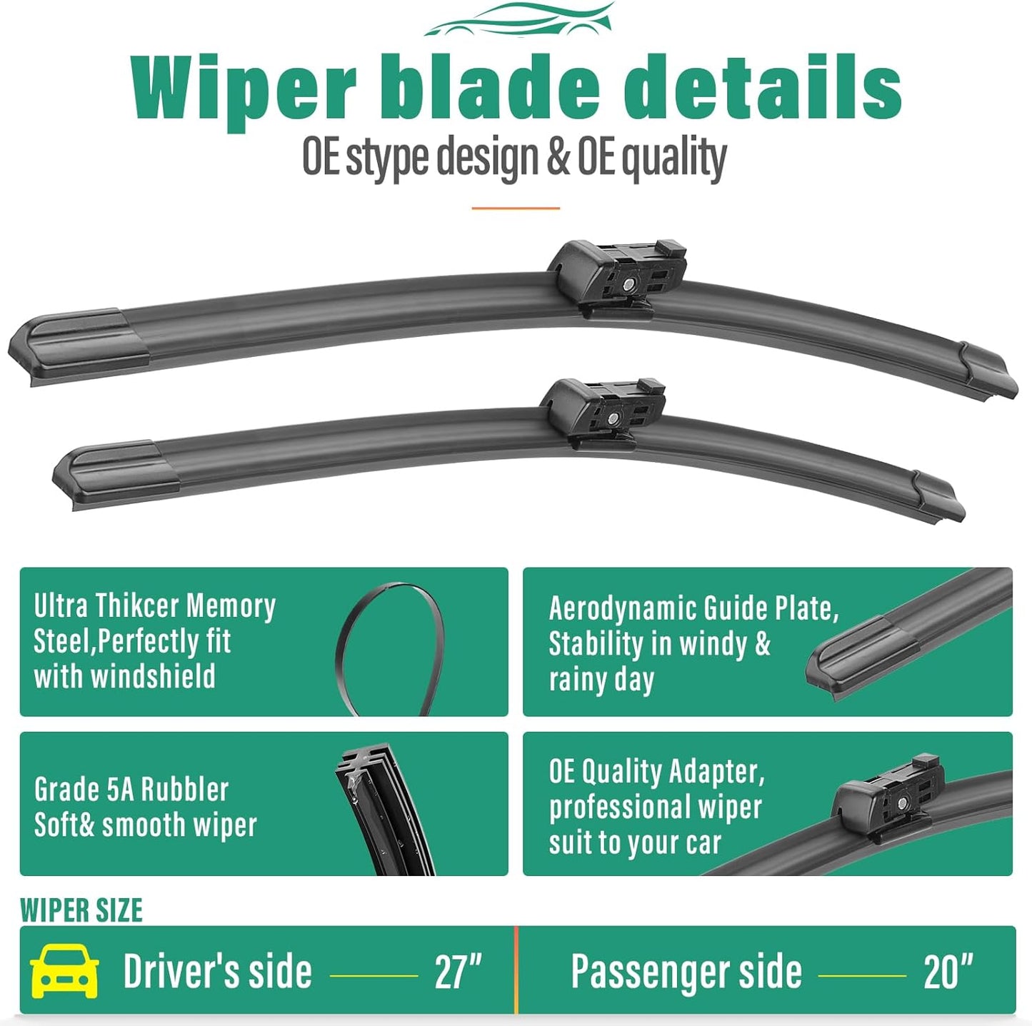 27" 20" 15" Windshield Wiper Blades Replacement for Audi Q7 SQ7 2016 2017 2018 2019 2020 2021 2022 2023 2024 Q 7 Premium All Weather Front Rear Wipers Set - OEM Quality (Pack of 3)