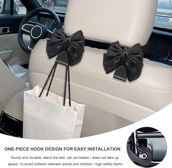 4 PCS Car Back Seat Headrest Hooks, Cute Bow Vehicle Backseat Storage Headrest Hanger, Car Organizer Hooks for Handbag Clothes Grocery Bags, Car Interior Accessories