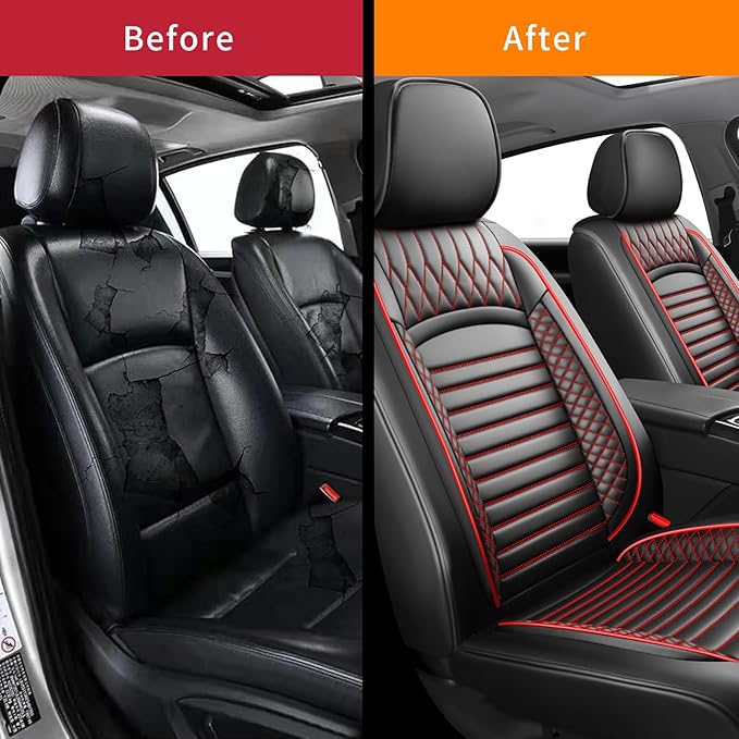 Fit Prius Car Seat Covers for Toyota Prius 2001-2024 2025 2026 - Upgraded Premium Waterproof & Breathable Leather, Airbag Compatible, All-Weather Seat Cushion Protector (2 Front/Black+Red)