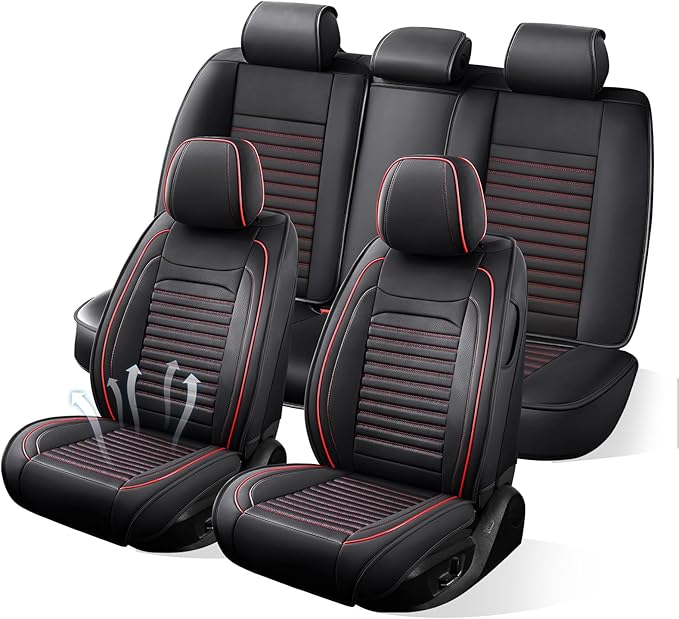 Car Seat Covers Full Set Fit for Toyota RAV4 Hybrid 2016-2026, Premium Faux Leather Car Seat Protector,Breathable Anti-Slip Full Wrapping Edge Seat Covers(Black&Red,Full Set)