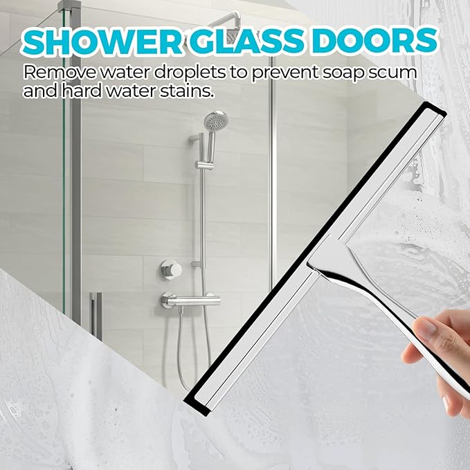 ALFLOD 2PACK All-Purpose Shower Squeegee for Shower Doors, Tile Shower Walls, Bathroom, Window, Glass and Car Windshield, Mirrors and Kitchen-Stainless Steel, 11.8-Inch Silver