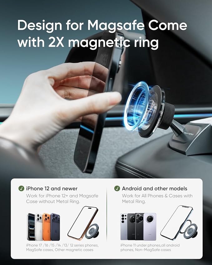 Magnetic Phone Mount for Tesla Model Y Juniper 2025 - Driver-Side Vent Fixed MagSafe Phone Holder, 360° Adjustable Strong Magnet Car Phone Mount with One-Handed Operation Tesla Model Y Accessories