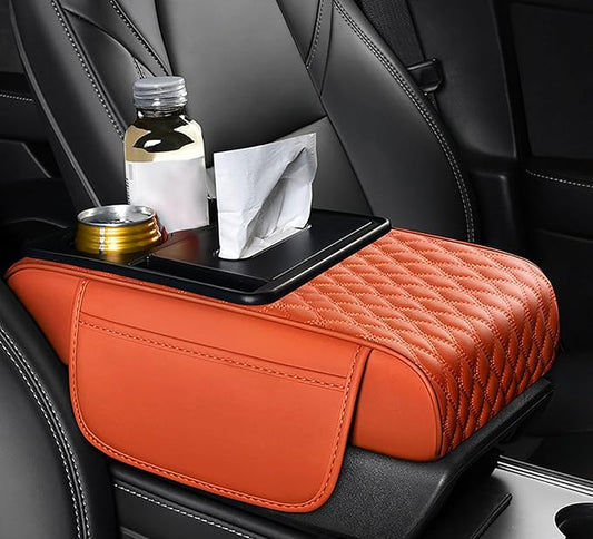 Car Armrest Center Console Cover for BMW X3 F25 2011 2012 2013 2014 2015 2016 2017, Center Console Pad with Cup Holder, Multifunctional Armrest Cushion,F Orange