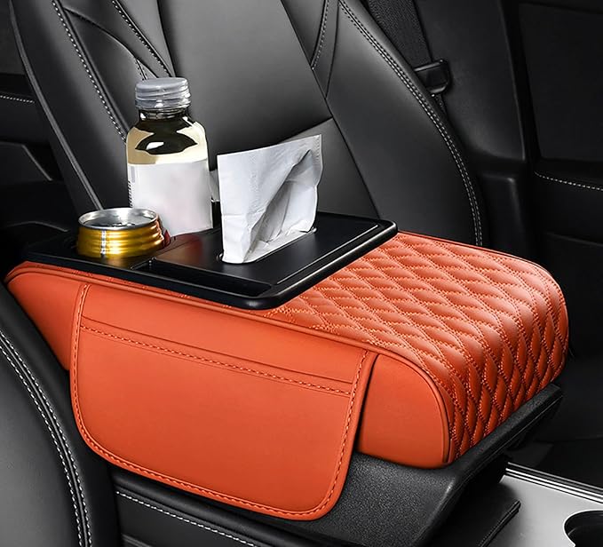Car Armrest Center Console Cover for Acura MDX 2000–2025, Center Console Pad with Cup Holder, Multifunctional Armrest Cushion,F Orange